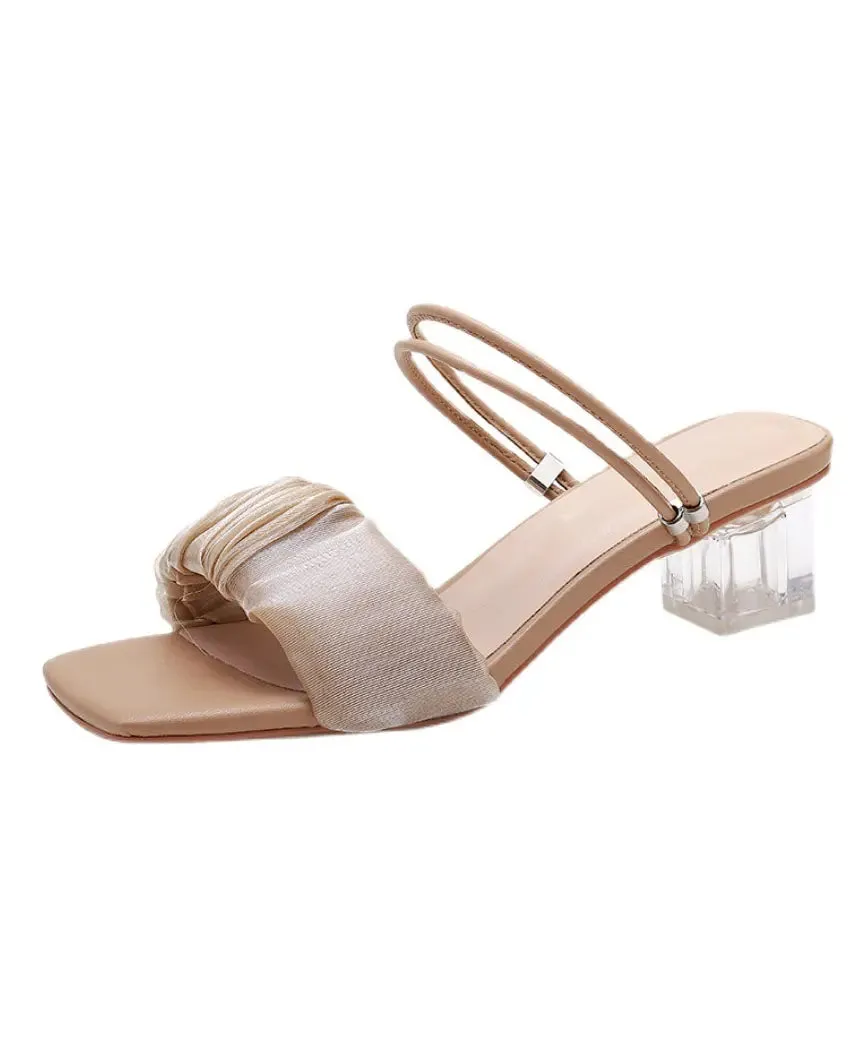 Apricot Peep Toe Wrinkled Splicing Clear Chunky Slide Sandals LY8241