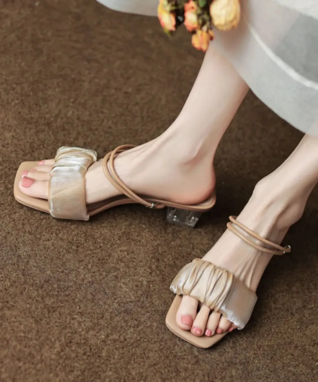 Apricot Peep Toe Wrinkled Splicing Clear Chunky Slide Sandals LY8241