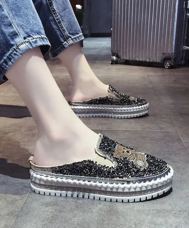 Black Cartoon Zircon Splicing Casual Platform Slide Sandals LY8244