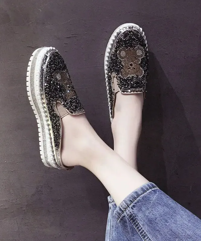 Black Cartoon Zircon Splicing Casual Platform Slide Sandals LY8244