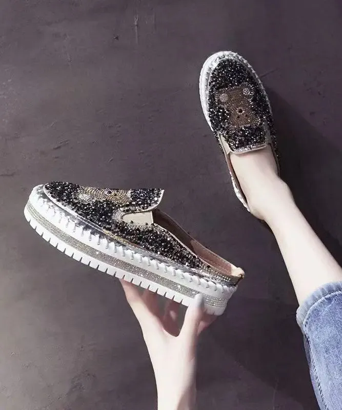 Black Cartoon Zircon Splicing Casual Platform Slide Sandals LY8244