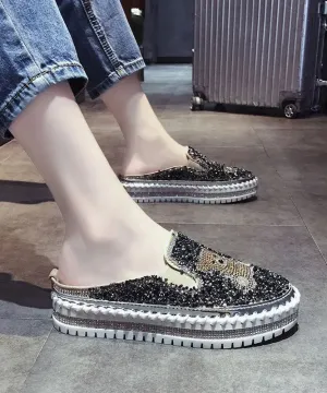 Black Cartoon Zircon Splicing Casual Platform Slide Sandals LY8244