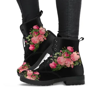 Combat Boots - Vintage Roses (Black) | Women's Black Hipster Boots, Vegan Leather Lace Up Boots