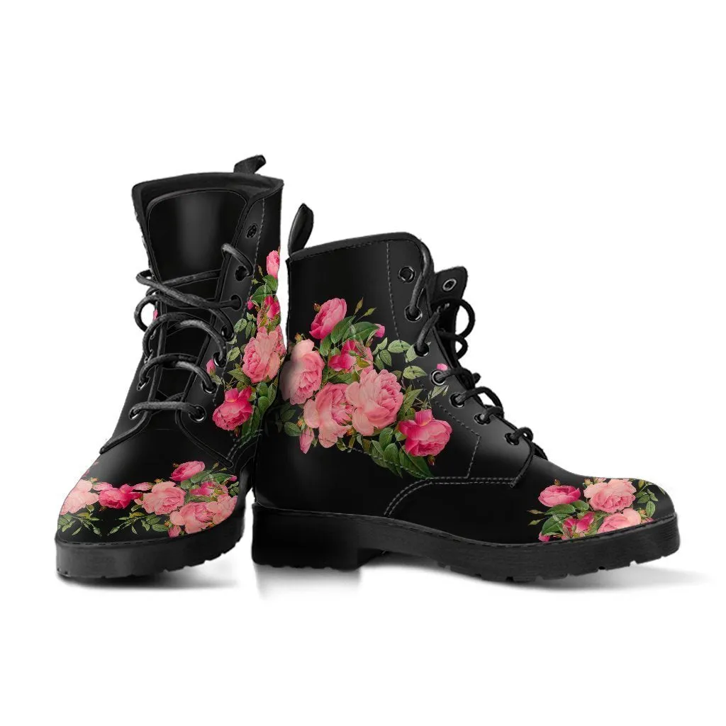 Combat Boots - Vintage Roses (Black) | Women's Black Hipster Boots, Vegan Leather Lace Up Boots