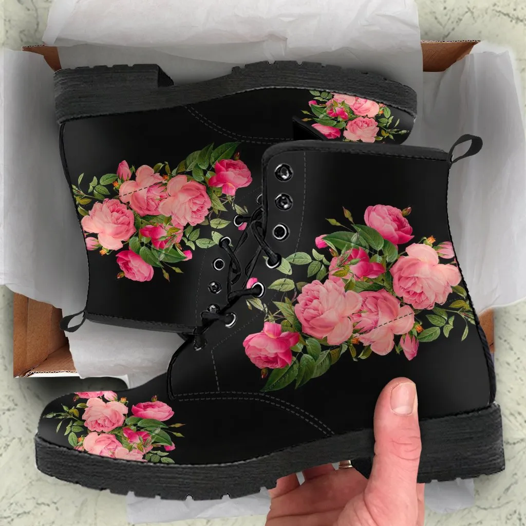 Combat Boots - Vintage Roses (Black) | Women's Black Hipster Boots, Vegan Leather Lace Up Boots