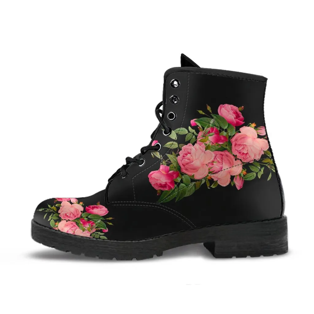 Combat Boots - Vintage Roses (Black) | Women's Black Hipster Boots, Vegan Leather Lace Up Boots