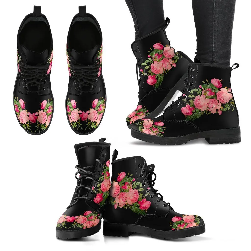 Combat Boots - Vintage Roses (Black) | Women's Black Hipster Boots, Vegan Leather Lace Up Boots