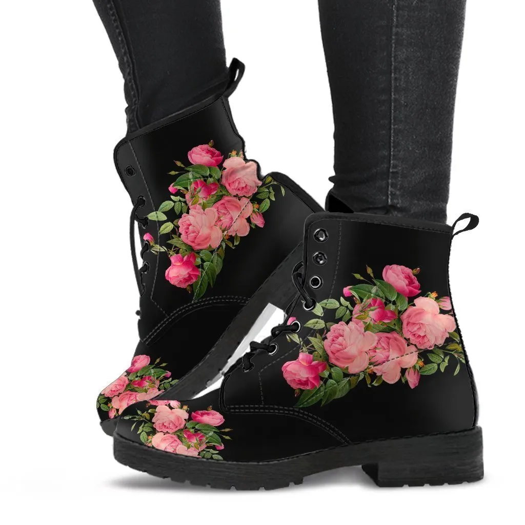 Combat Boots - Vintage Roses (Black) | Women's Black Hipster Boots, Vegan Leather Lace Up Boots