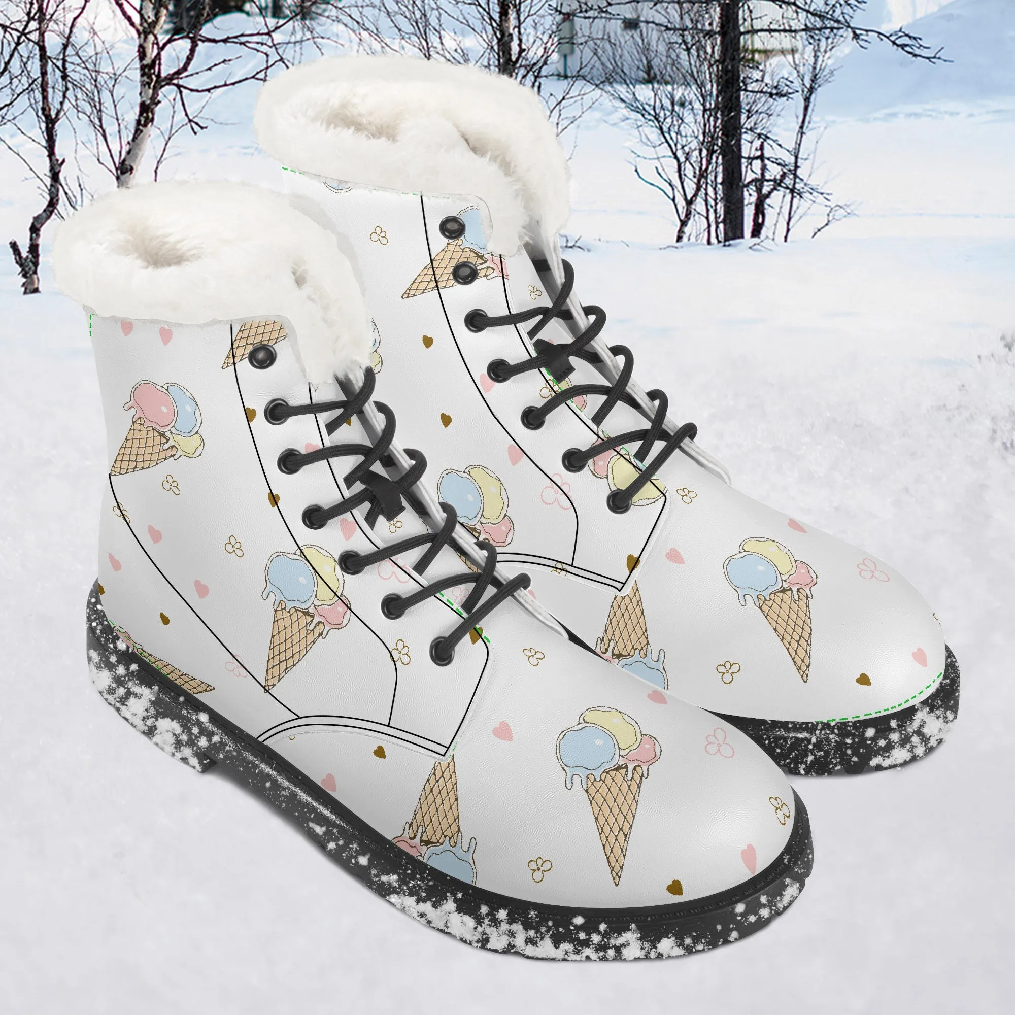 Faux Fur Leather Boots White Icecreams