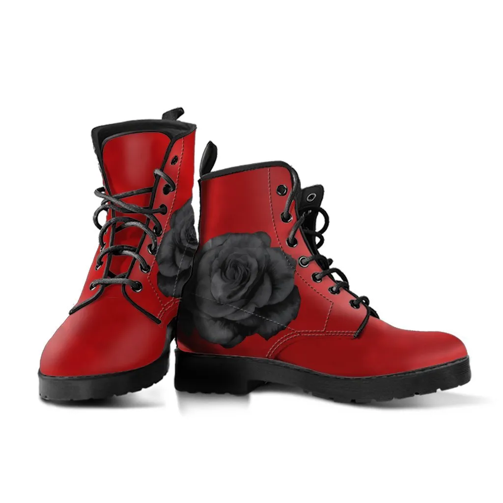 Red Combat Boots-Roses