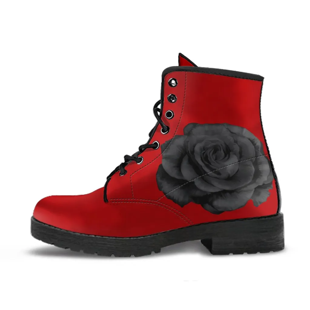 Red Combat Boots-Roses