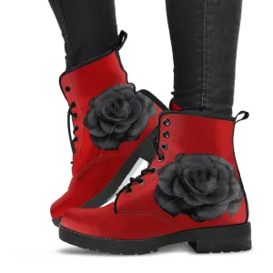 Red Combat Boots-Roses