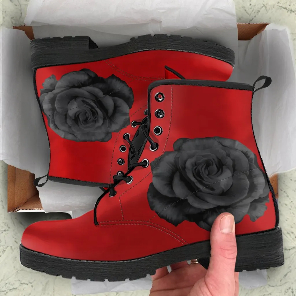 Red Combat Boots-Roses