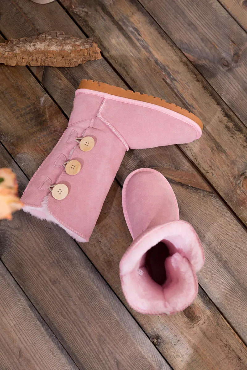 SMAIBULUN Ugg | Side Button Faux Fur-Lined Leather Suede Boots - pink