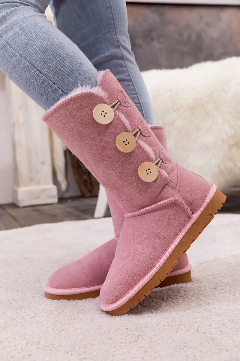 SMAIBULUN Ugg | Side Button Faux Fur-Lined Leather Suede Boots - pink