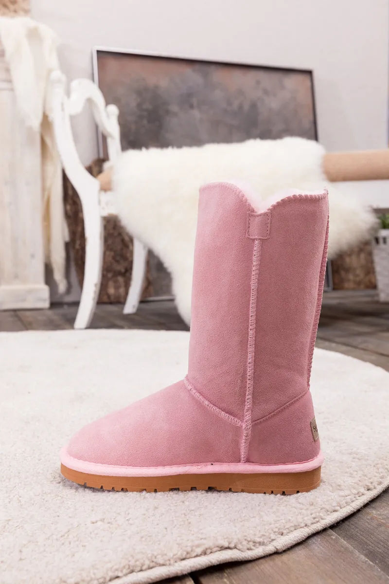 SMAIBULUN Ugg | Side Button Faux Fur-Lined Leather Suede Boots - pink