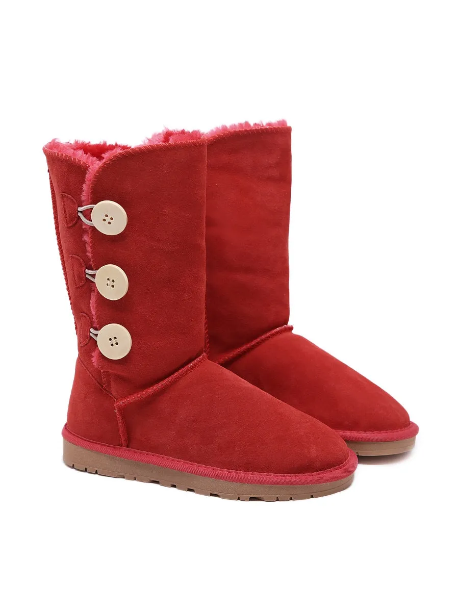 SMAIBULUN Ugg | Side Button Faux Fur-Lined Leather Suede Boots - pink