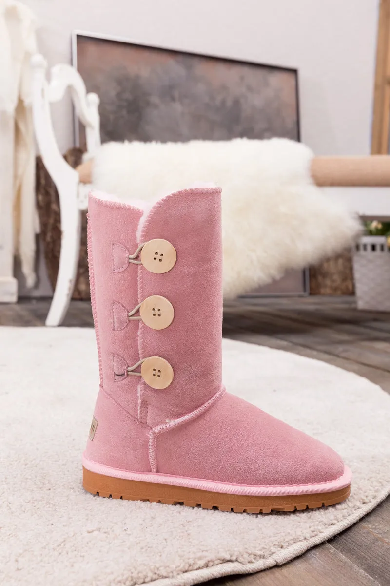 SMAIBULUN Ugg | Side Button Faux Fur-Lined Leather Suede Boots - pink