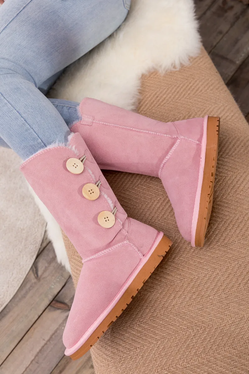 SMAIBULUN Ugg | Side Button Faux Fur-Lined Leather Suede Boots - pink