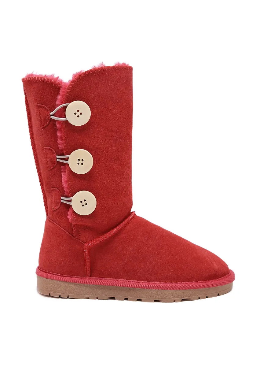 SMAIBULUN Ugg | Side Button Faux Fur-Lined Leather Suede Boots - pink