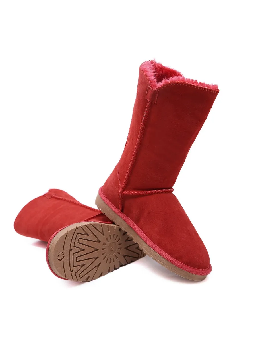 SMAIBULUN Ugg | Side Button Faux Fur-Lined Leather Suede Boots - pink