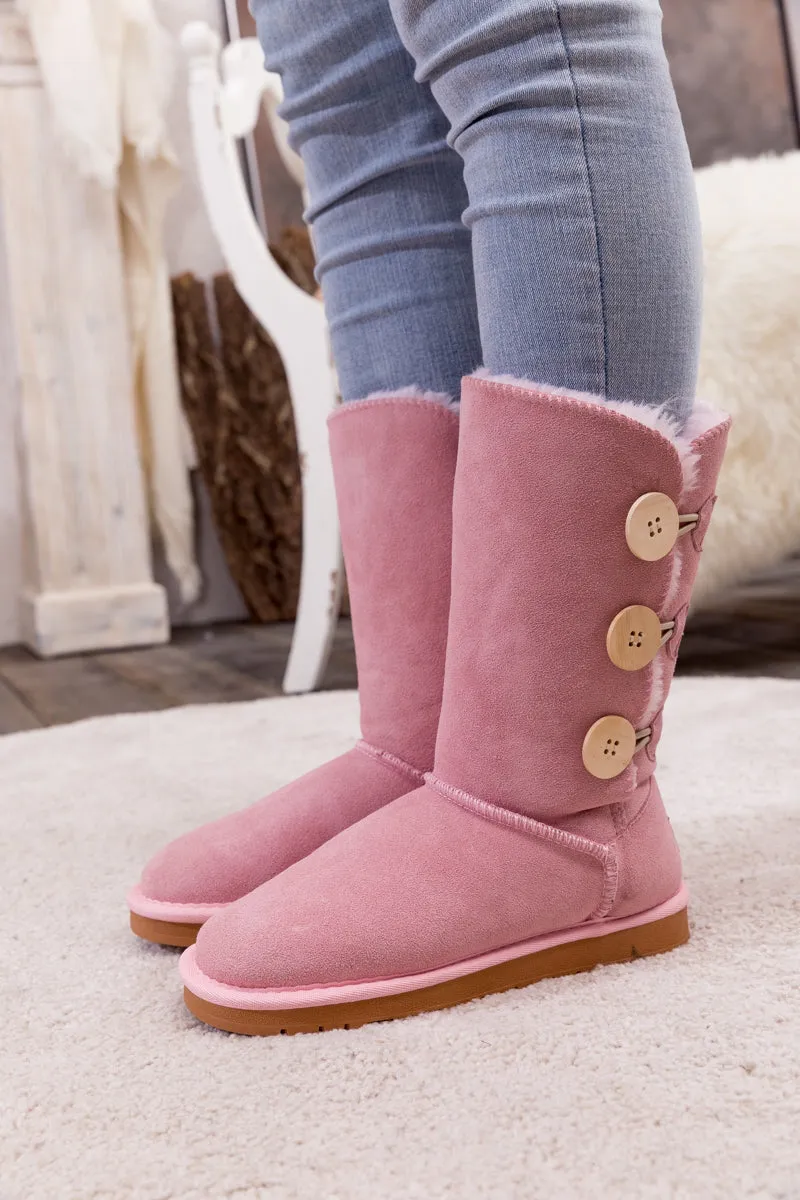 SMAIBULUN Ugg | Side Button Faux Fur-Lined Leather Suede Boots - pink