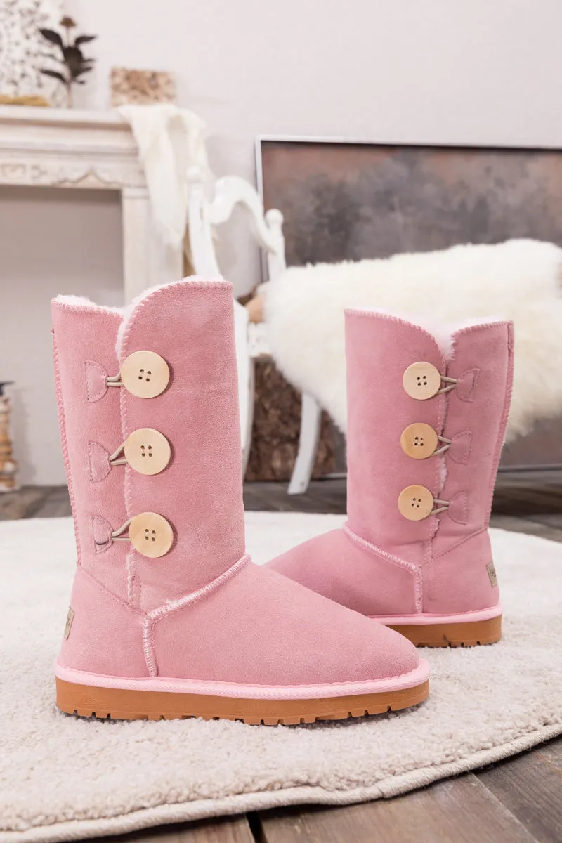 SMAIBULUN Ugg | Side Button Faux Fur-Lined Leather Suede Boots - pink