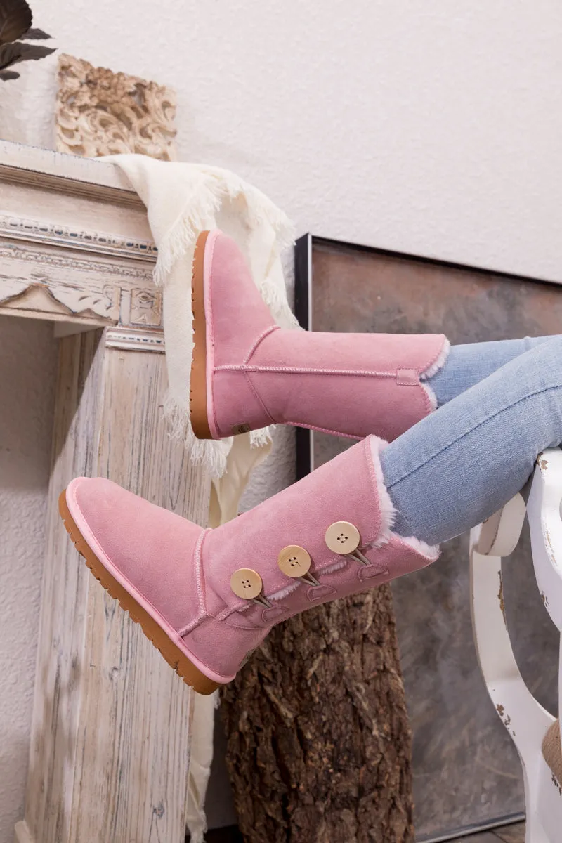 SMAIBULUN Ugg | Side Button Faux Fur-Lined Leather Suede Boots - pink