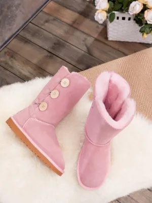 SMAIBULUN Ugg | Side Button Faux Fur-Lined Leather Suede Boots - pink