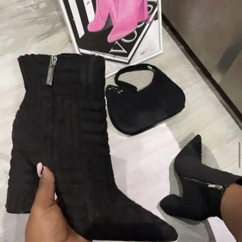Suede Plush Pointed Toe Fur Heel Boots