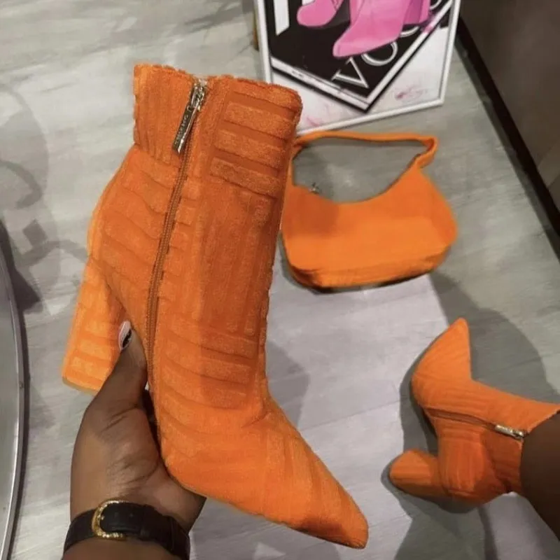 Suede Plush Pointed Toe Fur Heel Boots