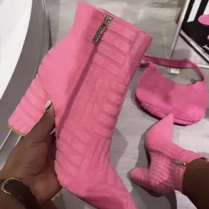 Suede Plush Pointed Toe Fur Heel Boots