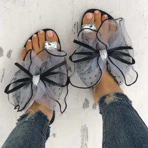 Sweet mesh lace bowknot ring toe slippers | Summer flat beach slides