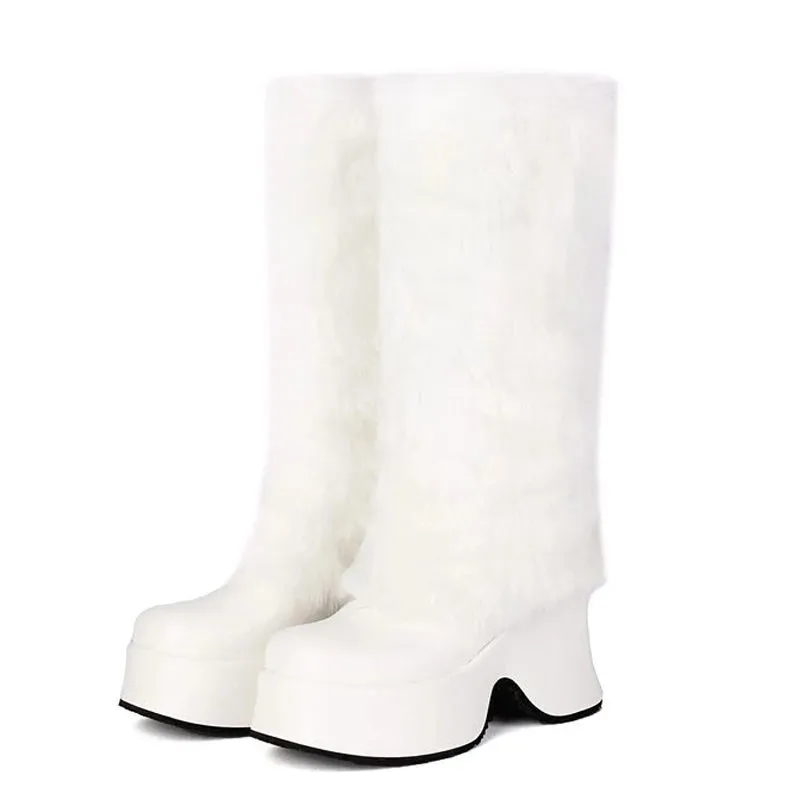 Trend4us Women's Faux Fur Platform Knee-High Boots