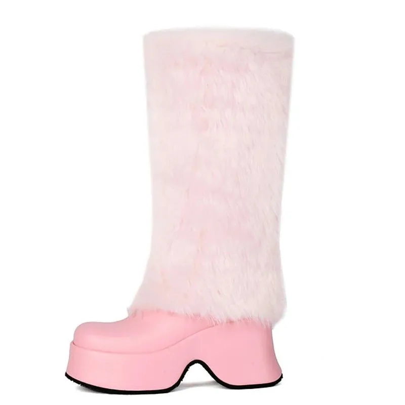 Trend4us Women's Faux Fur Platform Knee-High Boots