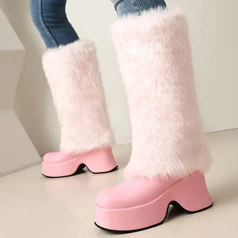 Trend4us Women's Faux Fur Platform Knee-High Boots