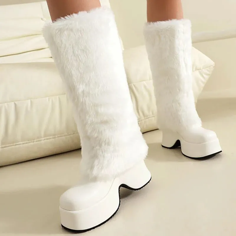 Trend4us Women's Faux Fur Platform Knee-High Boots