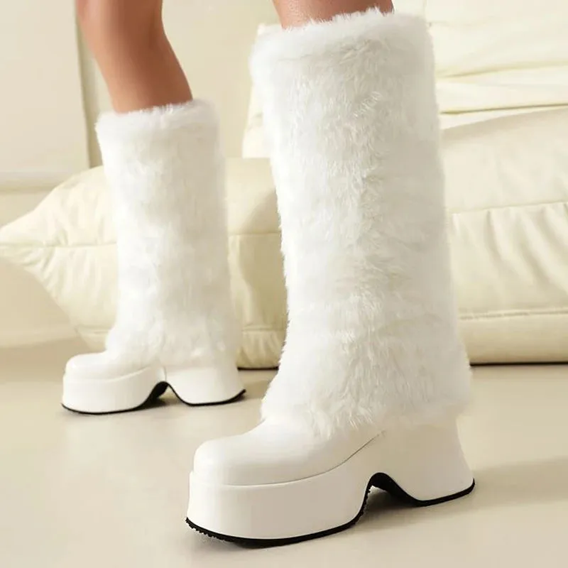 Trend4us Women's Faux Fur Platform Knee-High Boots