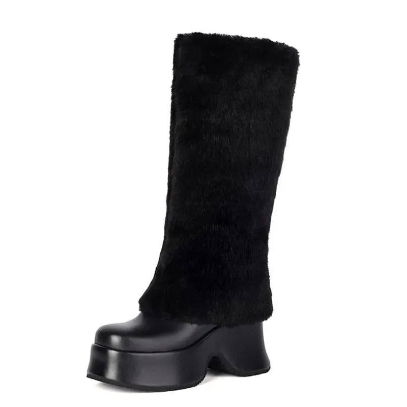 Trend4us Women's Faux Fur Platform Knee-High Boots