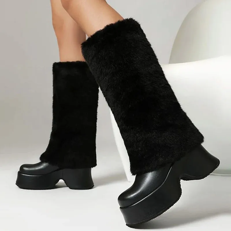 Trend4us Women's Faux Fur Platform Knee-High Boots
