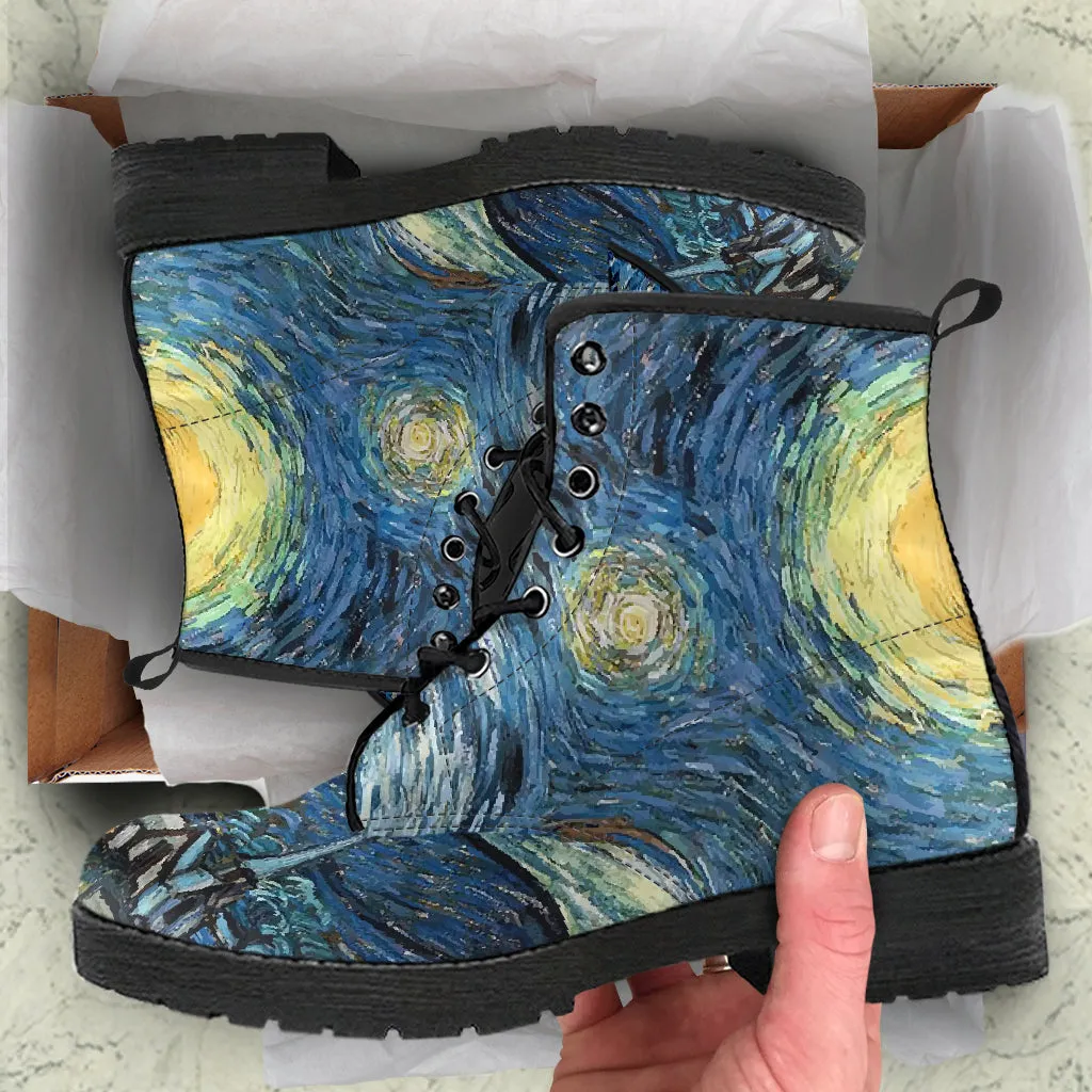 Van Gogh's Starry Nights Women's Vegan Leather Combat Boots
