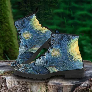 Van Gogh's Starry Nights Women's Vegan Leather Combat Boots