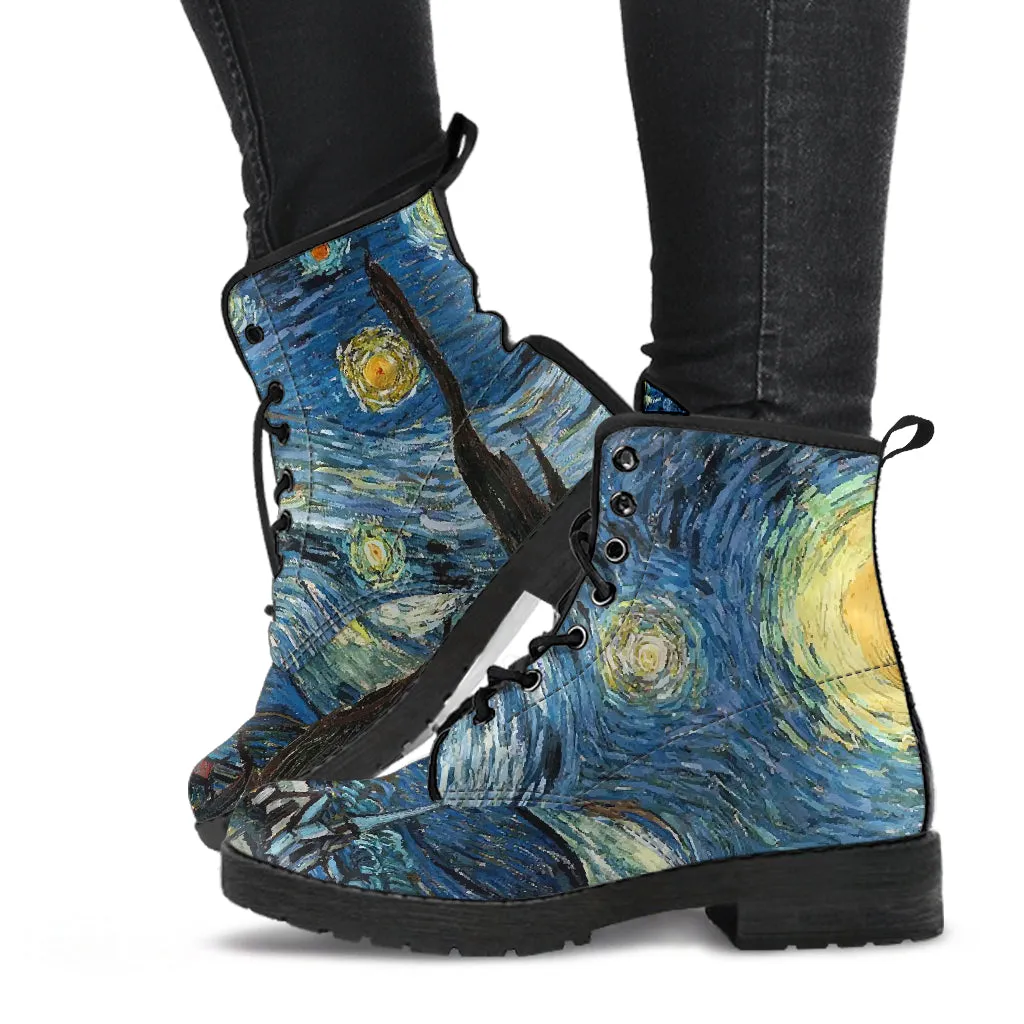 Van Gogh's Starry Nights Women's Vegan Leather Combat Boots