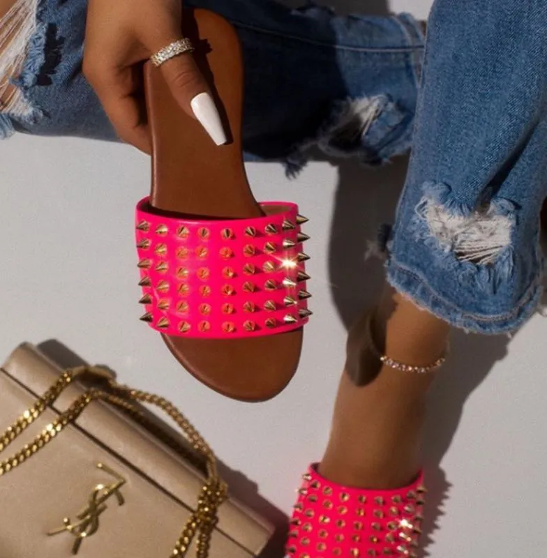 Women Open Toe Rivets Flat Heel Slide Sandals