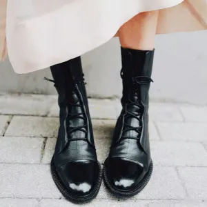 Women's black mid calf combat boots lace-up biker boots