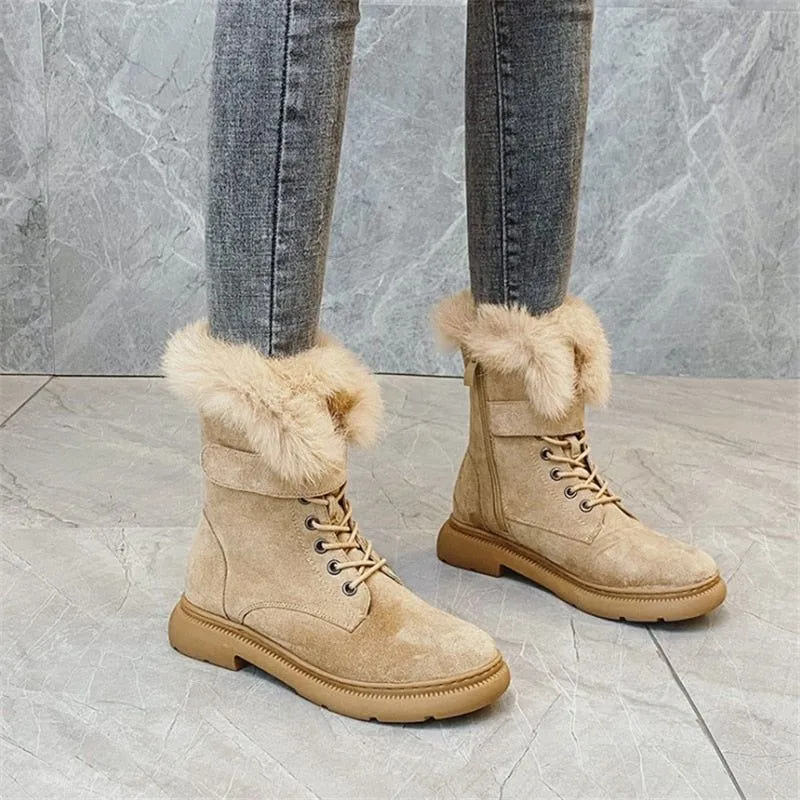 Women's Boots Suede Leather Flat Mid-Calf Winter Plush Fur Warm Boots