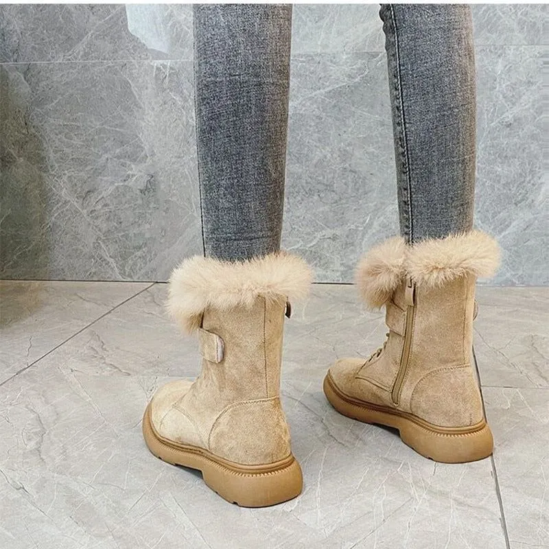 Women's Boots Suede Leather Flat Mid-Calf Winter Plush Fur Warm Boots