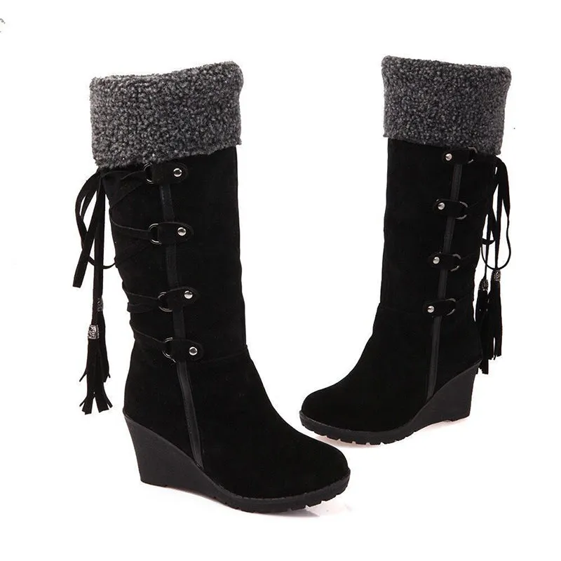 Women's knee high wedge snow boots back lace sweater boots