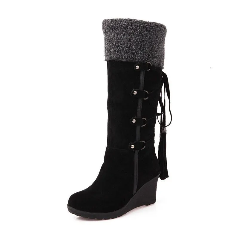 Women's knee high wedge snow boots back lace sweater boots