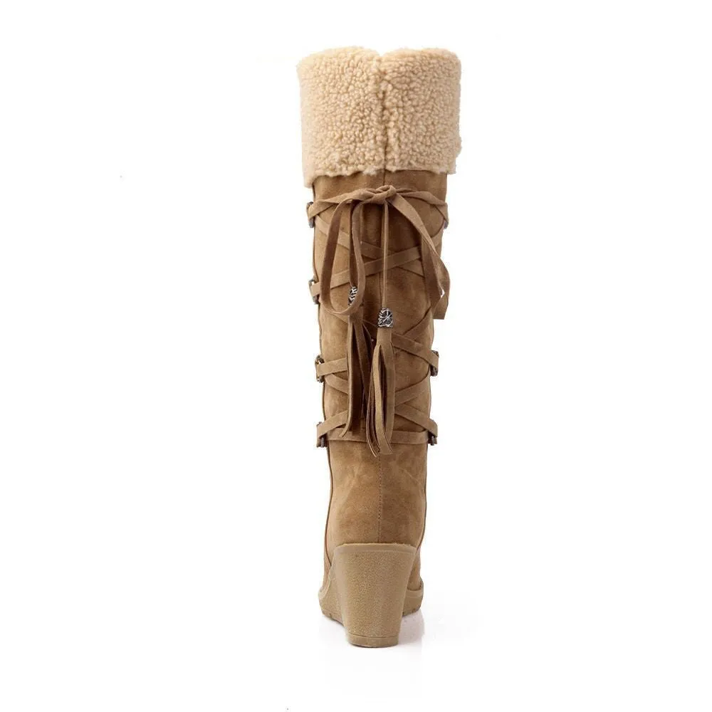 Women's knee high wedge snow boots back lace sweater boots